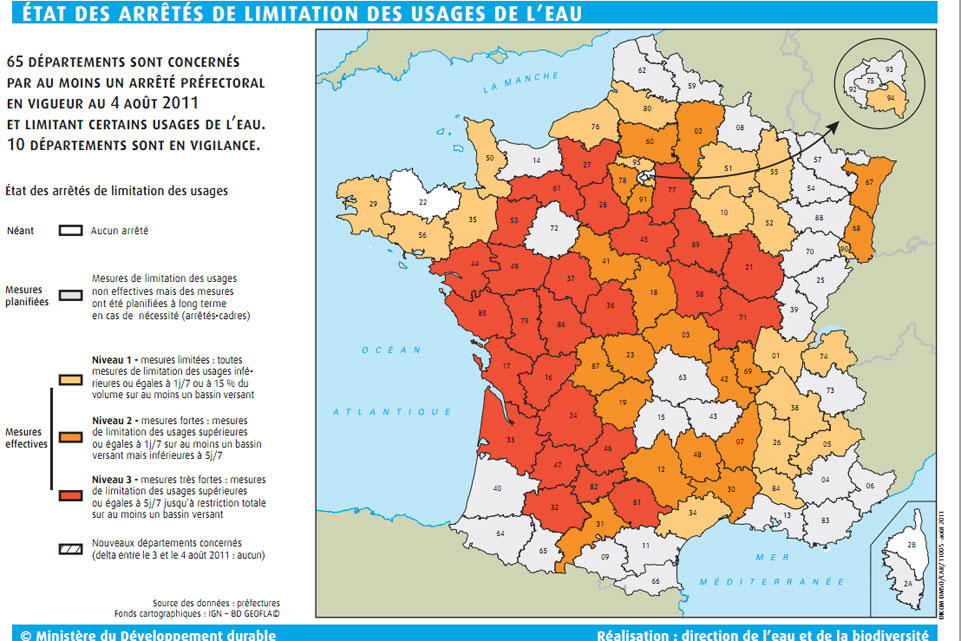 (2) Sécheresse :  65 départements français sont désormais concernés en date du 3 août.