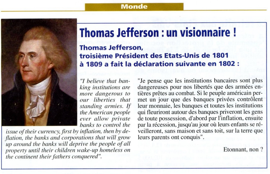 Système banquaire : Thomas Jefferson, un visionnaire ?