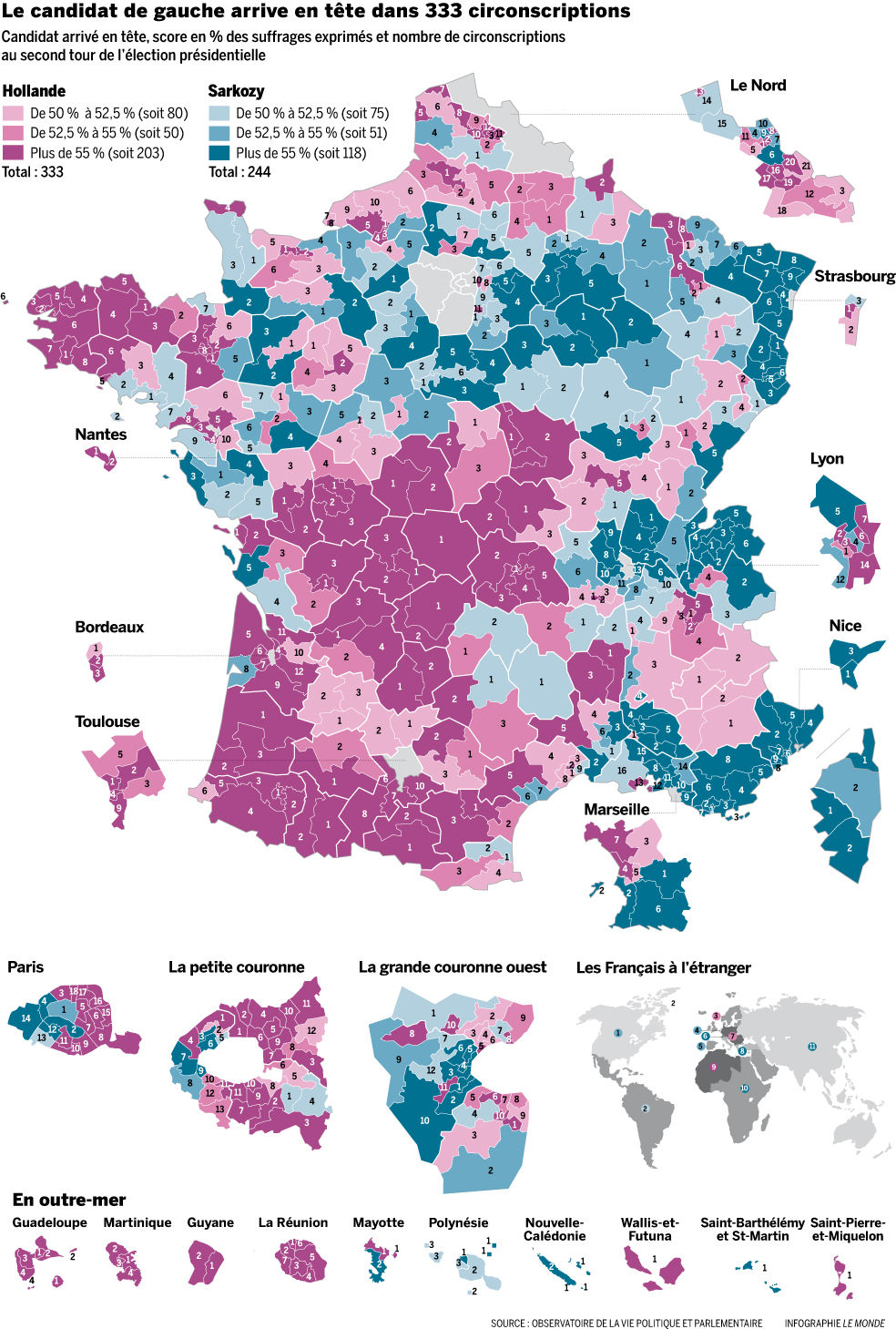 Carte : les 333 circonscriptions où M. Hollande est arrivé en tête .