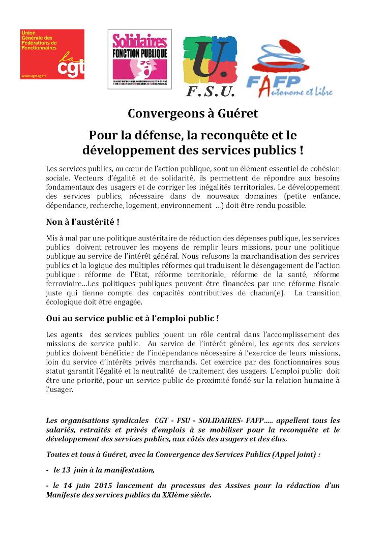 La défense, la reconquète et le développement des services publics à Guéret le 13 et 14 juin 2015 !
