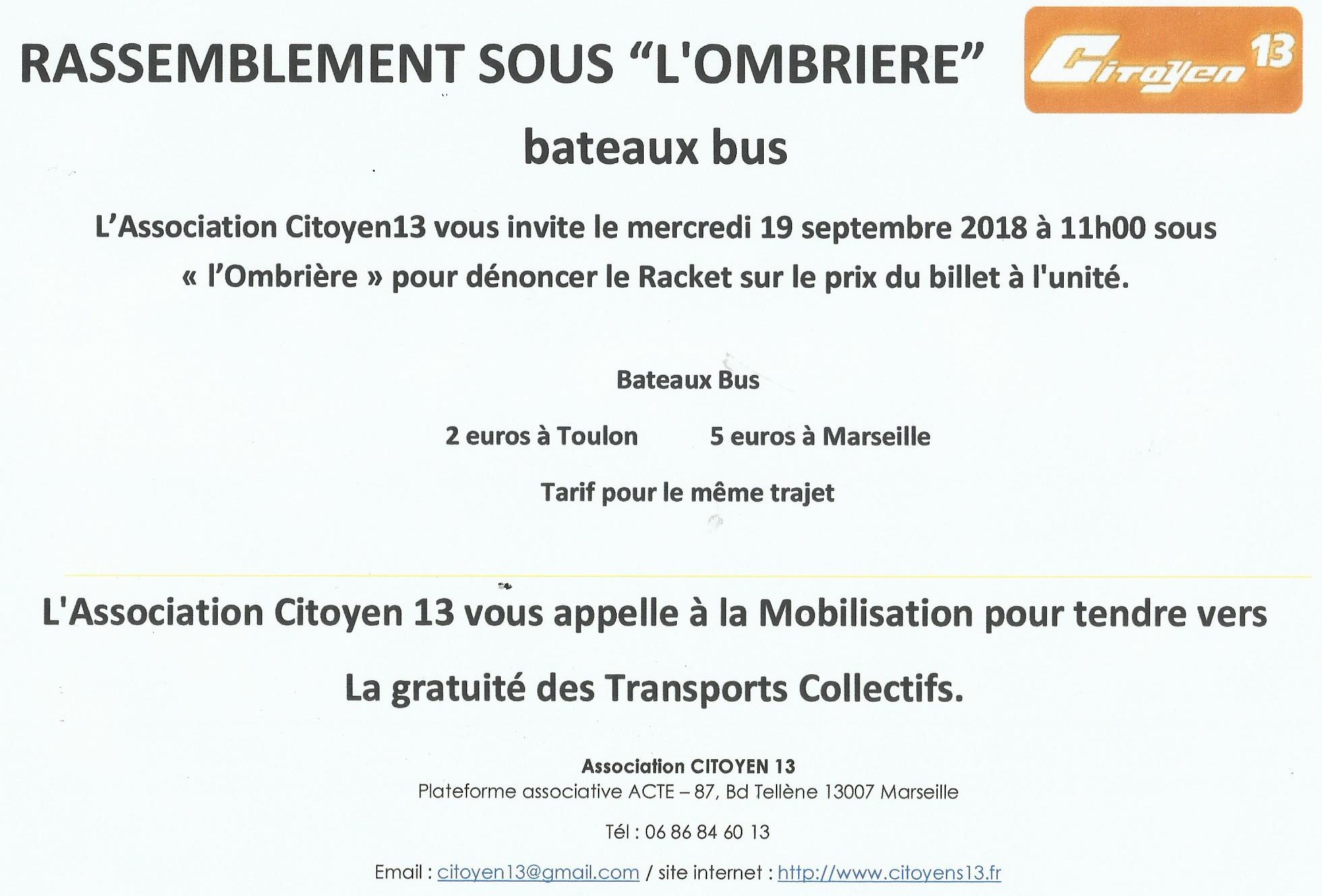 Bateaux Bus, gratuité des Transports : Rassemblement sous « l’Ombière » sur le Vieux Port  mercredi 19 septembre à 11h00
