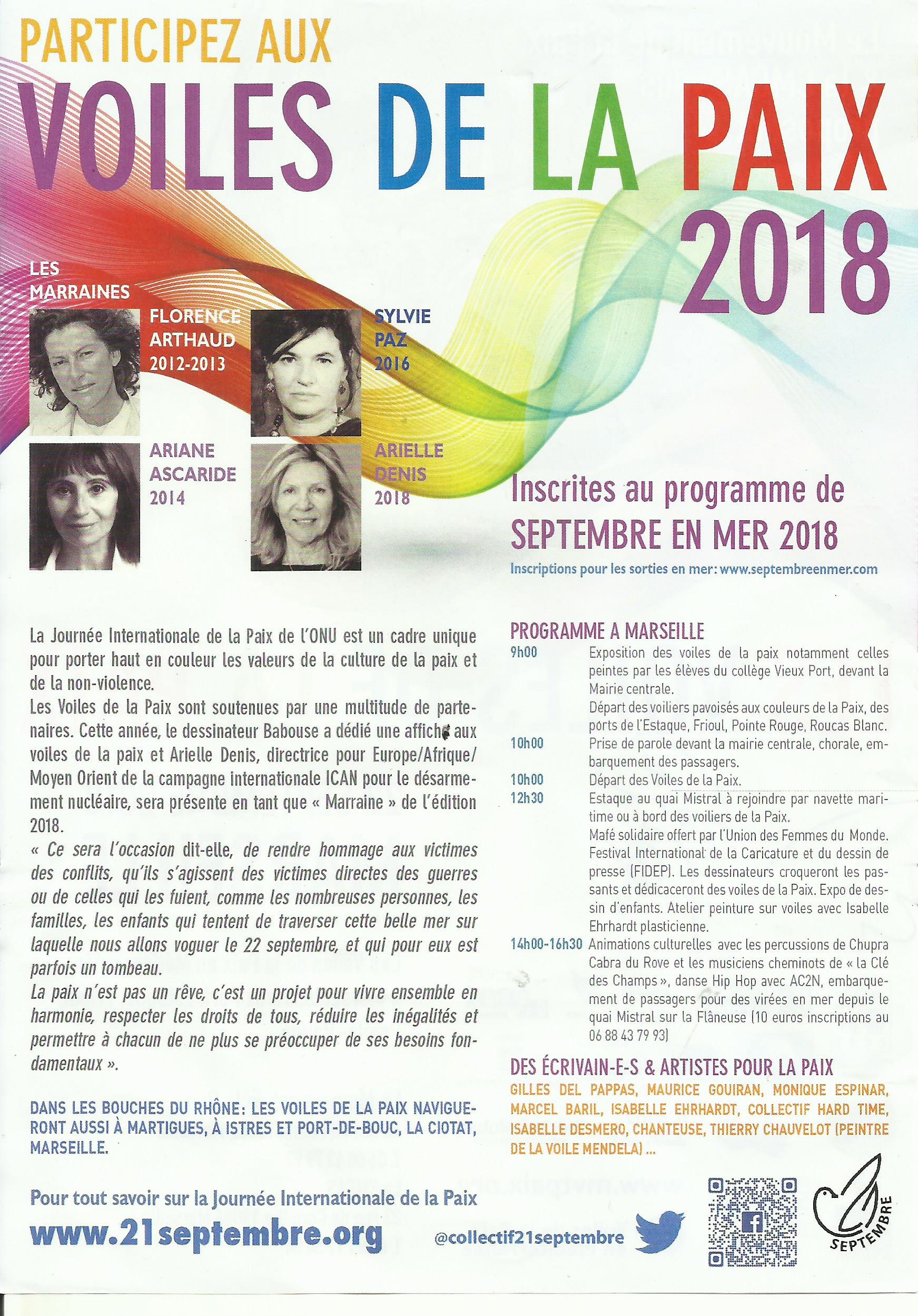 Culture de paix : Les voiles de la paix le 22 septembre à Marseille