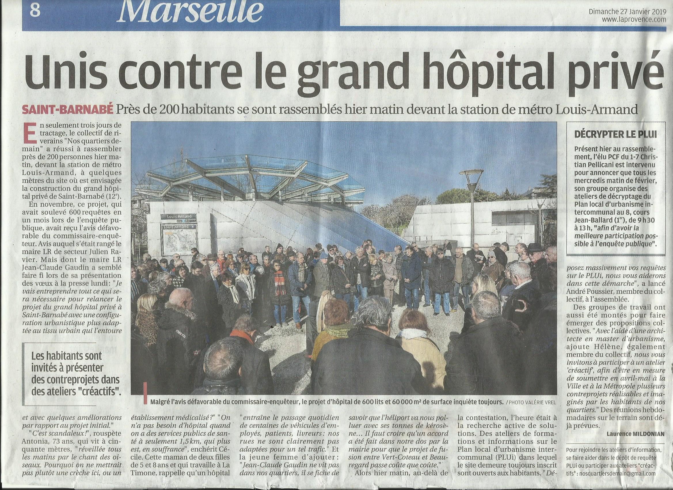 (1) Marseille, Rassemblement contre le projet d’Hôpital Privé à la sortie du Métro LOUIS ARMAND LE 26 JANVIER 2019 à 11h00 :   Par le collectif « Nos Quartiers Demain »  Non à la construction d’un Hôpital privé !