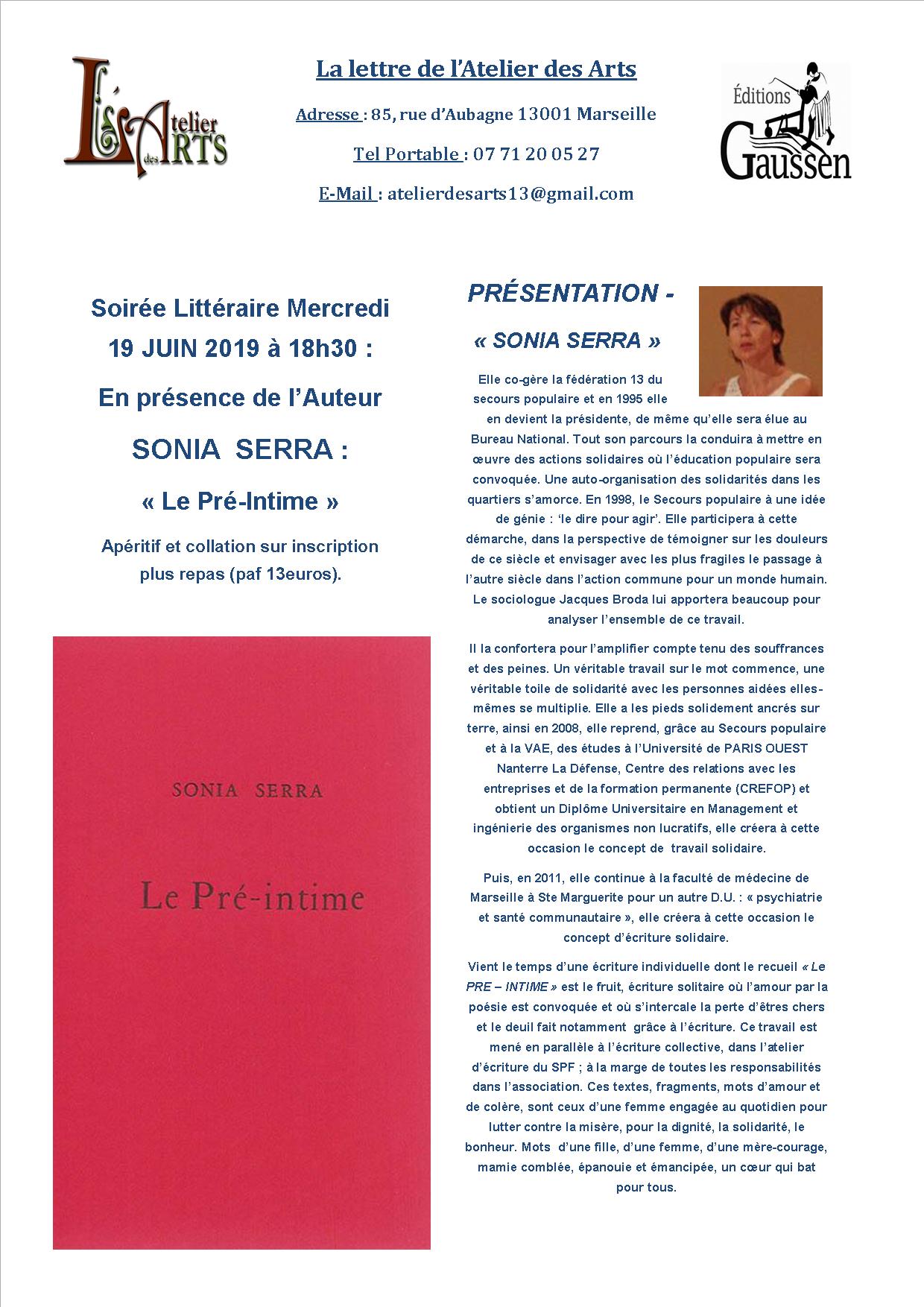 (2) Soirée littéraire « Le Pré-intime » le 19 juin à la galerie de l’Atelier des ARTS en présence de « l’Autrice » Sonia SERRA