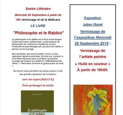 Julien Mazet , peintre et écrivain sera présent mercredi 25 septembre à l’Atelier des ARTS à 18h00