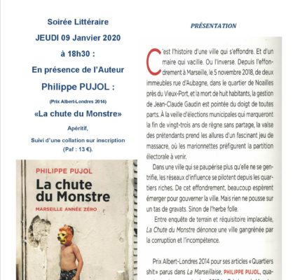 (1) Philippe PUJOL présentera  » La chute du Monstre »  à l’Atelier des Arts le 9 janvier 2020 à 18h30