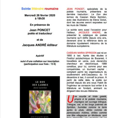 Mercredi 26 Février 2020 – soirée littéraire avec l’auteur Jean PONCET à la Galerie « l’Atelier des Arts »