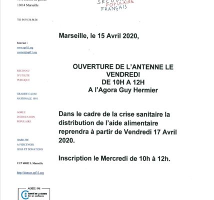 (16) Résistance à la crise sanitaire : Ouverture de l’antenne du Secours Populaire Français (SPF) à l’Agora Guy Hermier dans le 7em Marseille