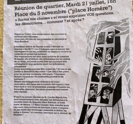 Réunion Place Homère (13001) : Le collectif du 5 Novembre -Actif – rassembleur et mature dans l’organisation du travail citoyen pour participer à la réhabilitation de la rue d’Aubagne.
