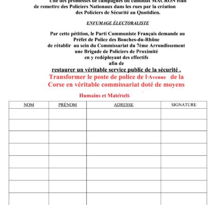 (2) Tranquillité publique, sécurité : Pétition pour un véritable commissariat à l’Avenue de la Corse – 13007 Marseille